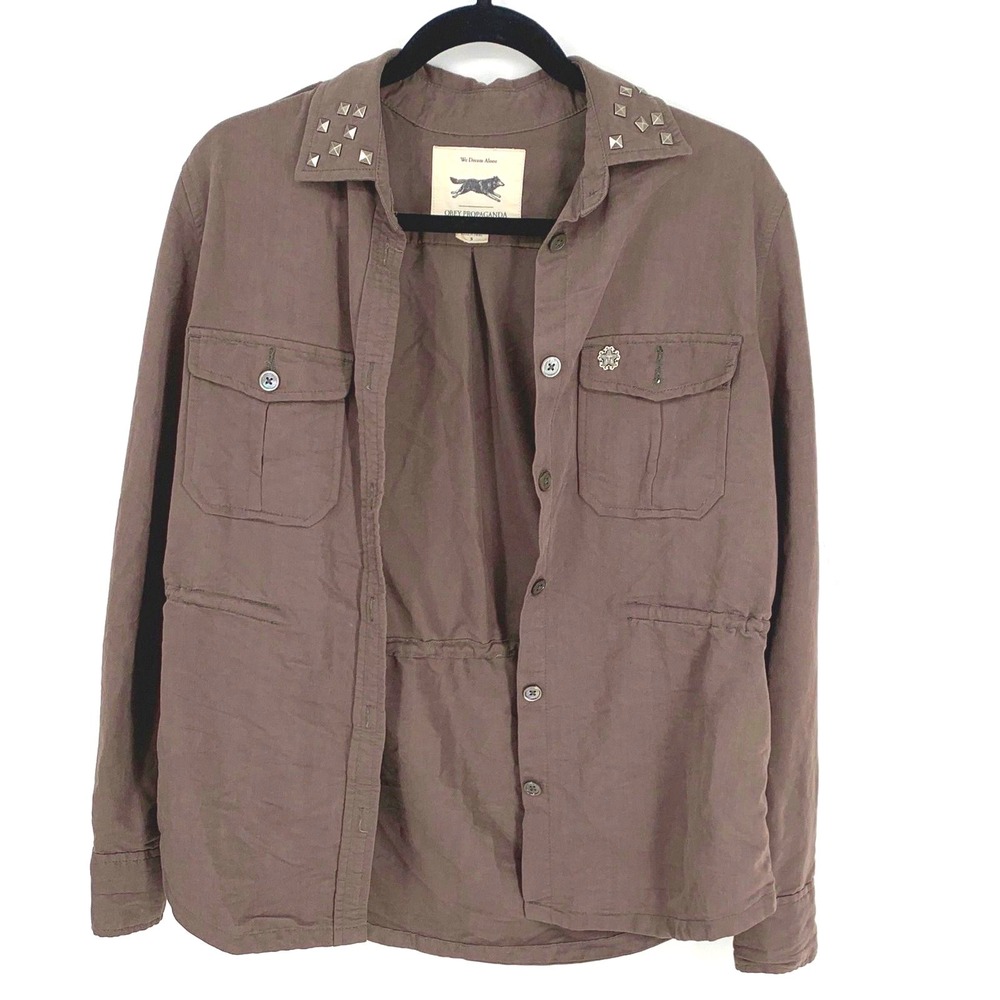 Obey Propaganda Studded Utility Jacket Brown Small Studded Collar Military Shirt